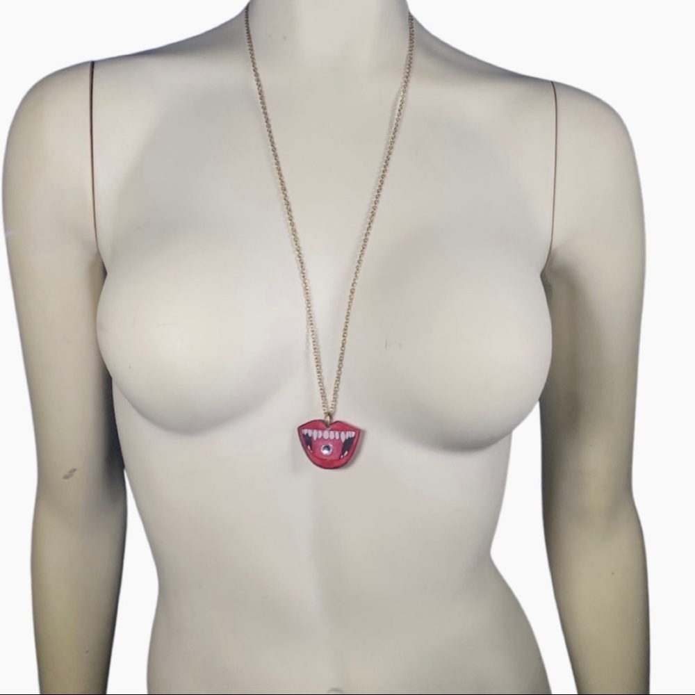 Red Vampire Mouth with small white stone Pendant Necklace